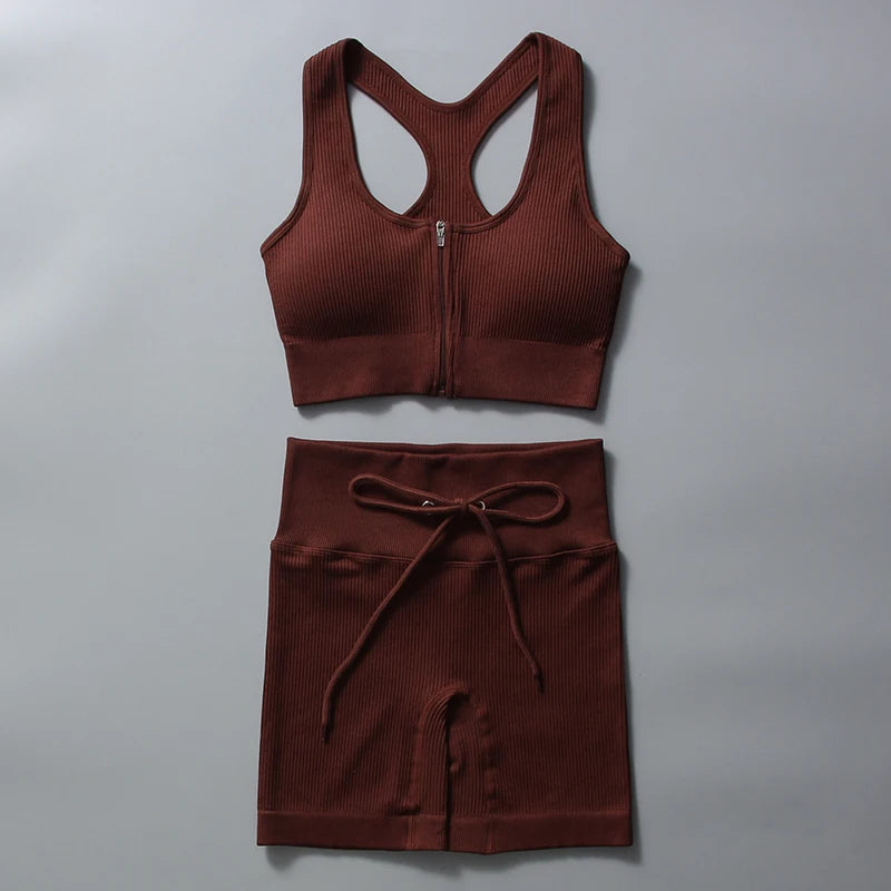 Seamless Yoga Set for Women Zipper Tank Top Drawstring Shorts
