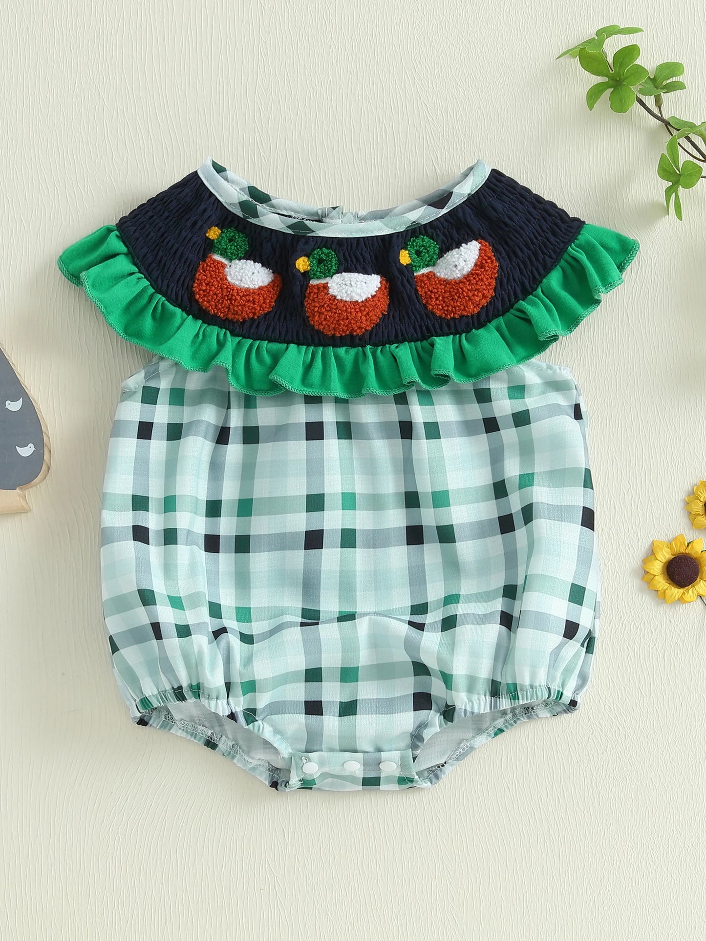 Baby Girls Jumpsuit with Duck and Plaid Design Sleeveless for Summer