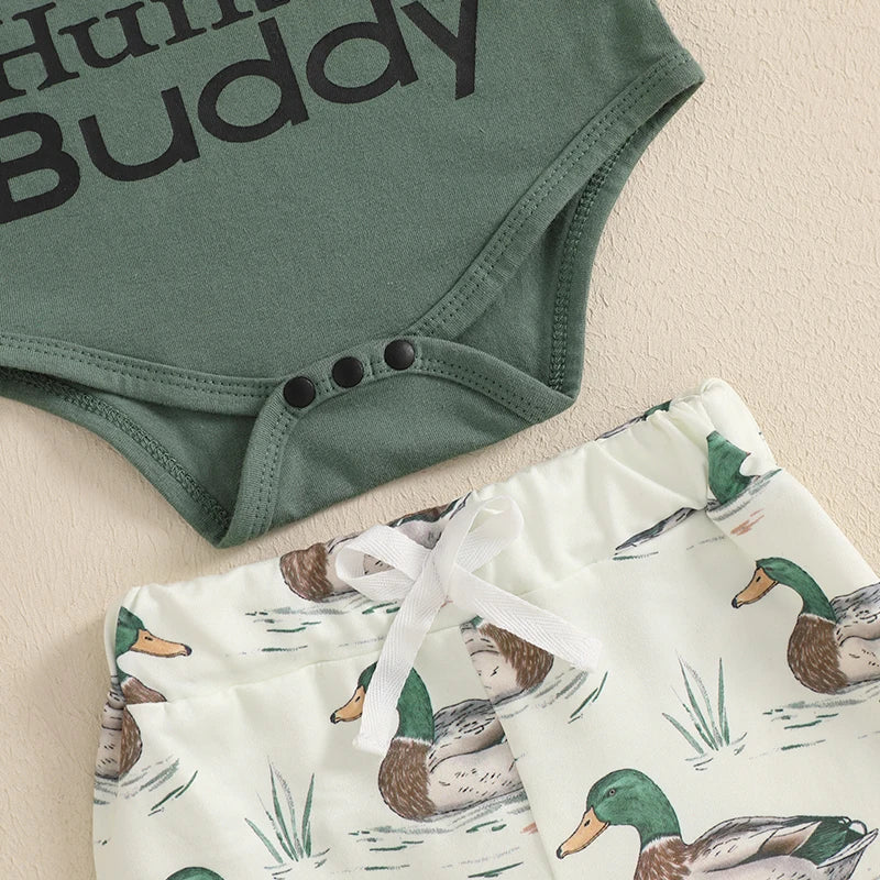 3-Piece Set Short Sleeve Romper with Duck Print Pants and Matching Hat