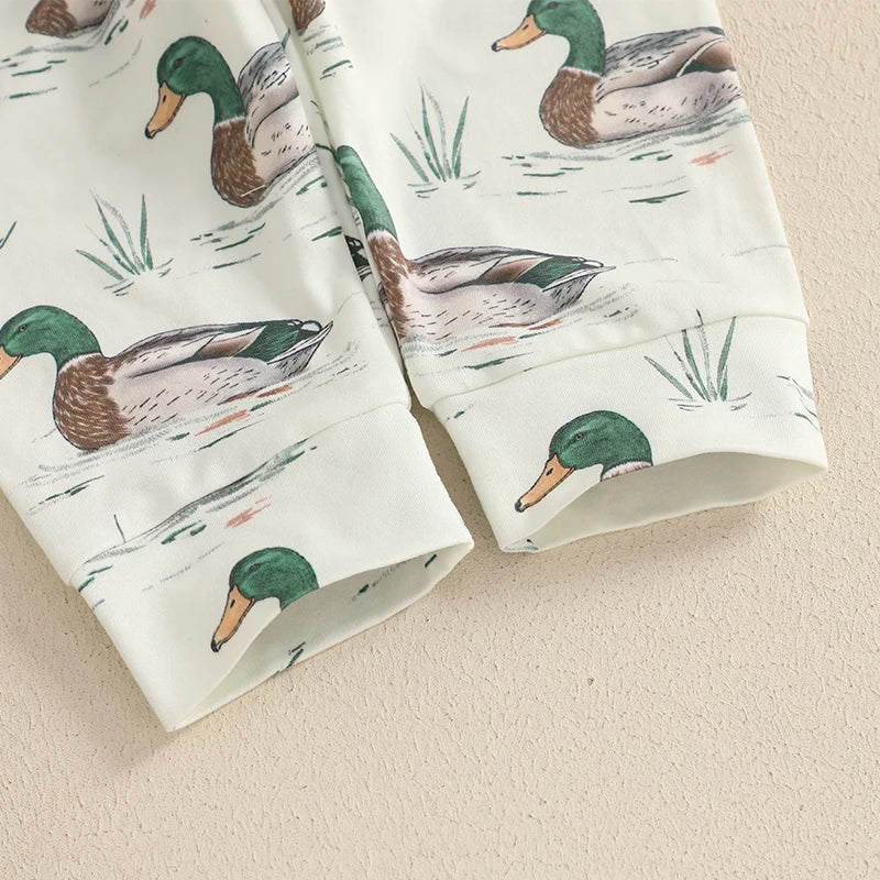 3-Piece Set Short Sleeve Romper with Duck Print Pants and Matching Hat