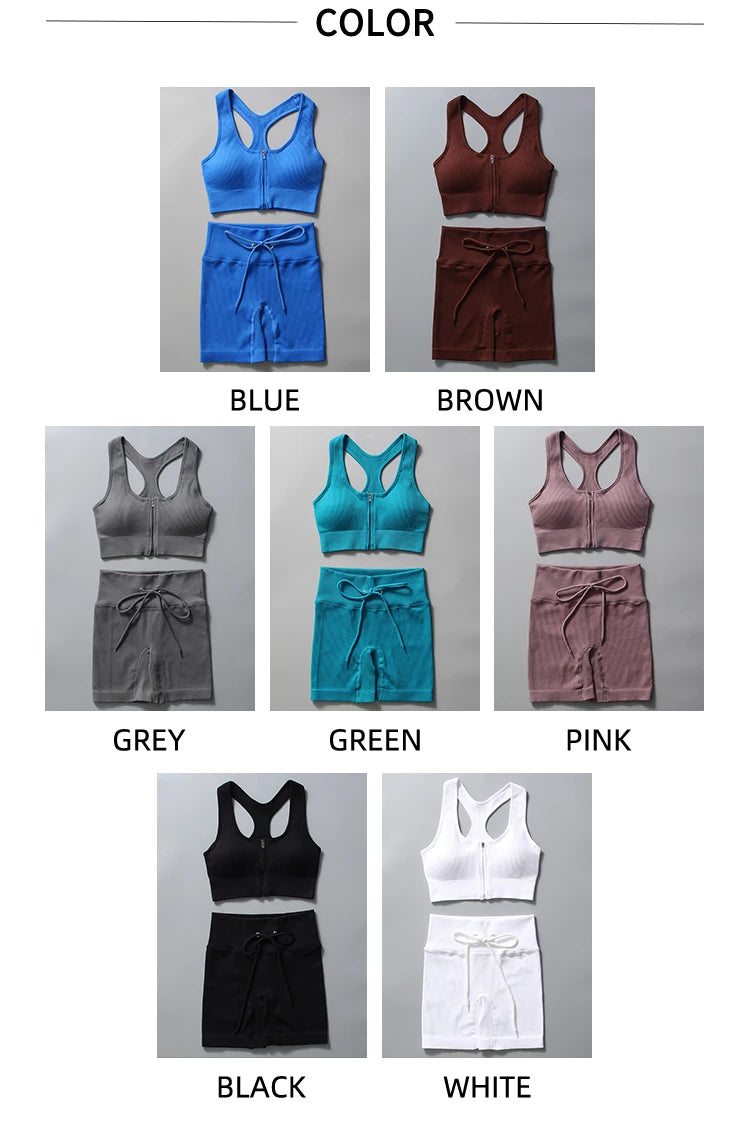 Seamless Yoga Set for Women Zipper Tank Top Drawstring Shorts