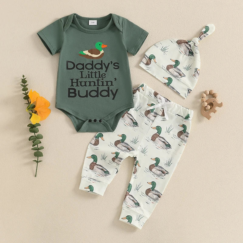 3-Piece Set Short Sleeve Romper with Duck Print Pants and Matching Hat