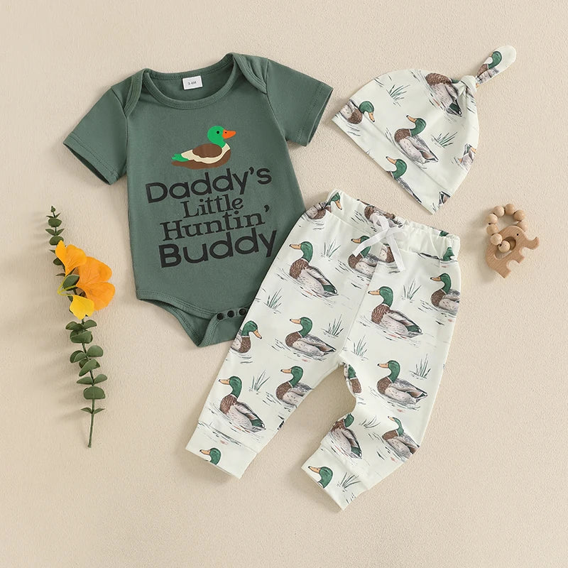 3-Piece Set Short Sleeve Romper with Duck Print Pants and Matching Hat