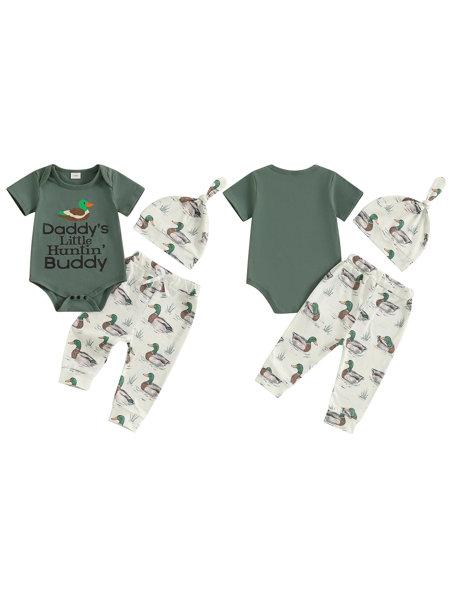 3-Piece Set Short Sleeve Romper with Duck Print Pants and Matching Hat