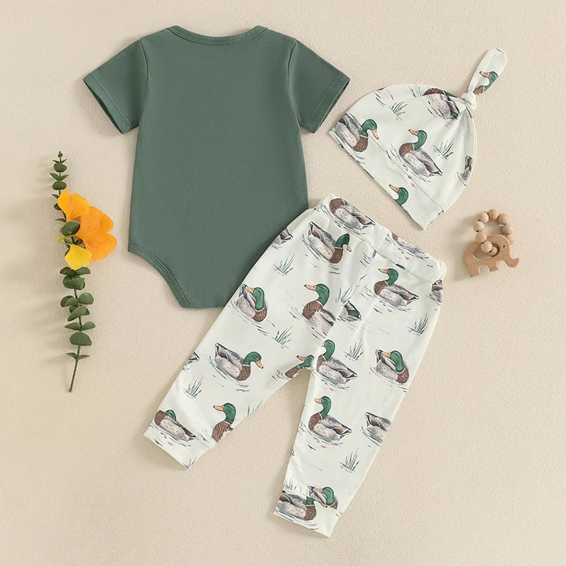 3-Piece Set Short Sleeve Romper with Duck Print Pants and Matching Hat