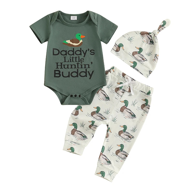3-Piece Set Short Sleeve Romper with Duck Print Pants and Matching Hat
