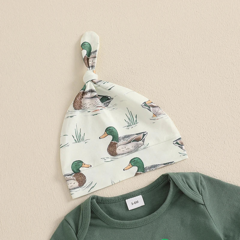 3-Piece Set Short Sleeve Romper with Duck Print Pants and Matching Hat