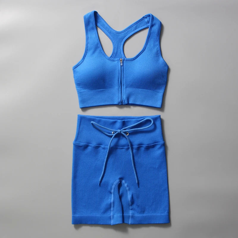Seamless Yoga Set for Women Zipper Tank Top Drawstring Shorts