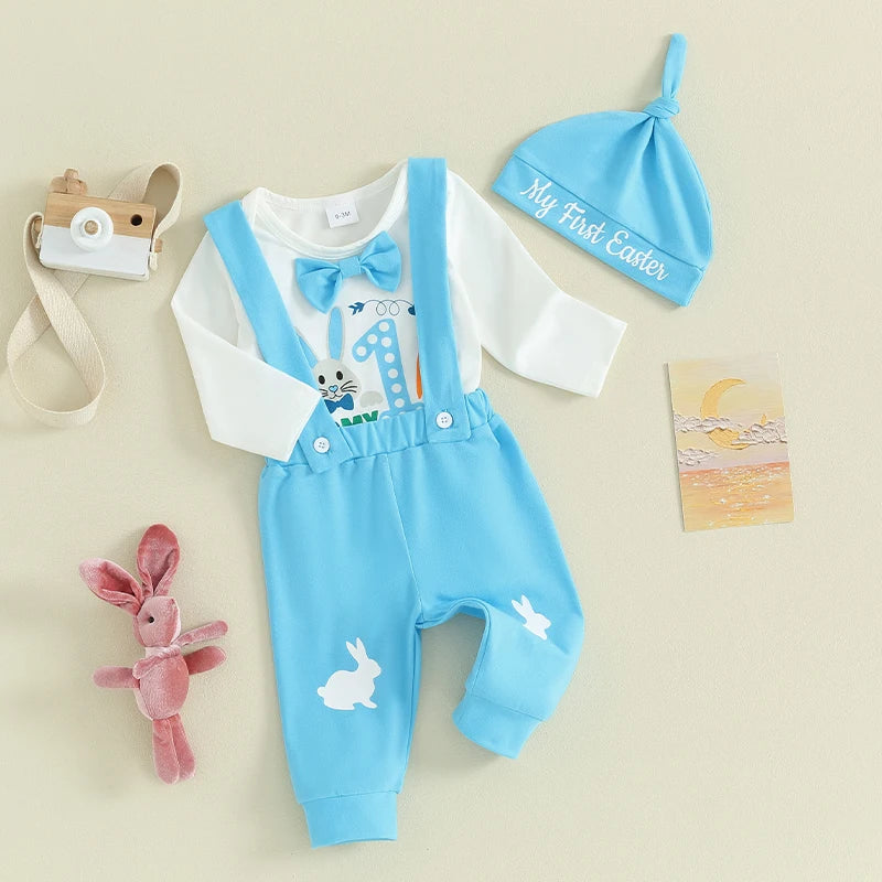 My First Easter Outfit Short Sleeve Dinosaur Print Elastic Waist Shorts Matching Hat