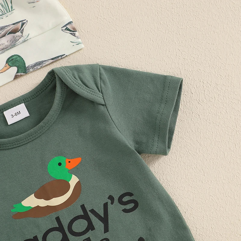3-Piece Set Short Sleeve Romper with Duck Print Pants and Matching Hat