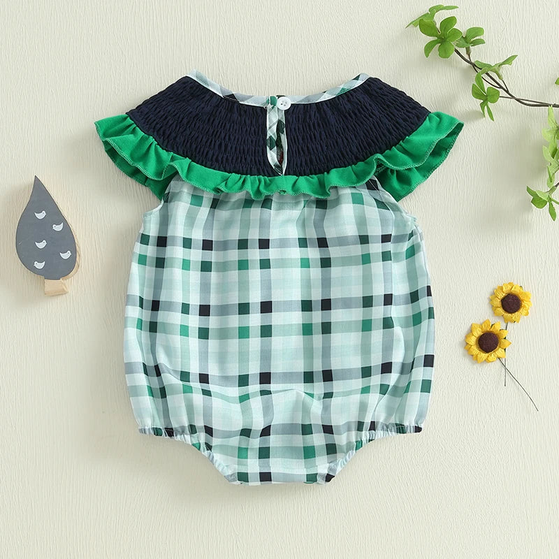 Baby Girls Jumpsuit with Duck and Plaid Design Sleeveless for Summer