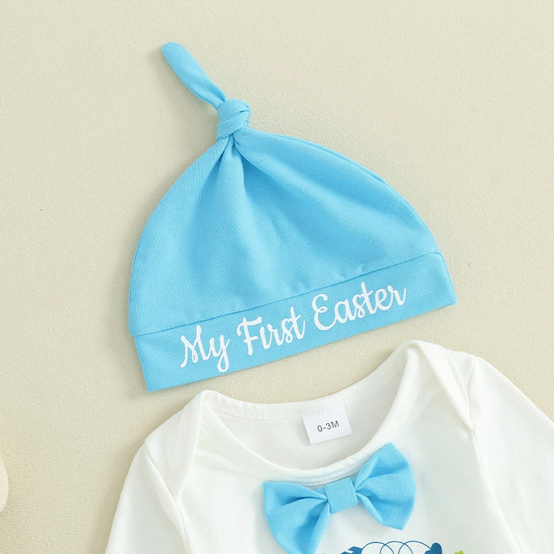 My First Easter Outfit Short Sleeve Dinosaur Print Elastic Waist Shorts Matching Hat