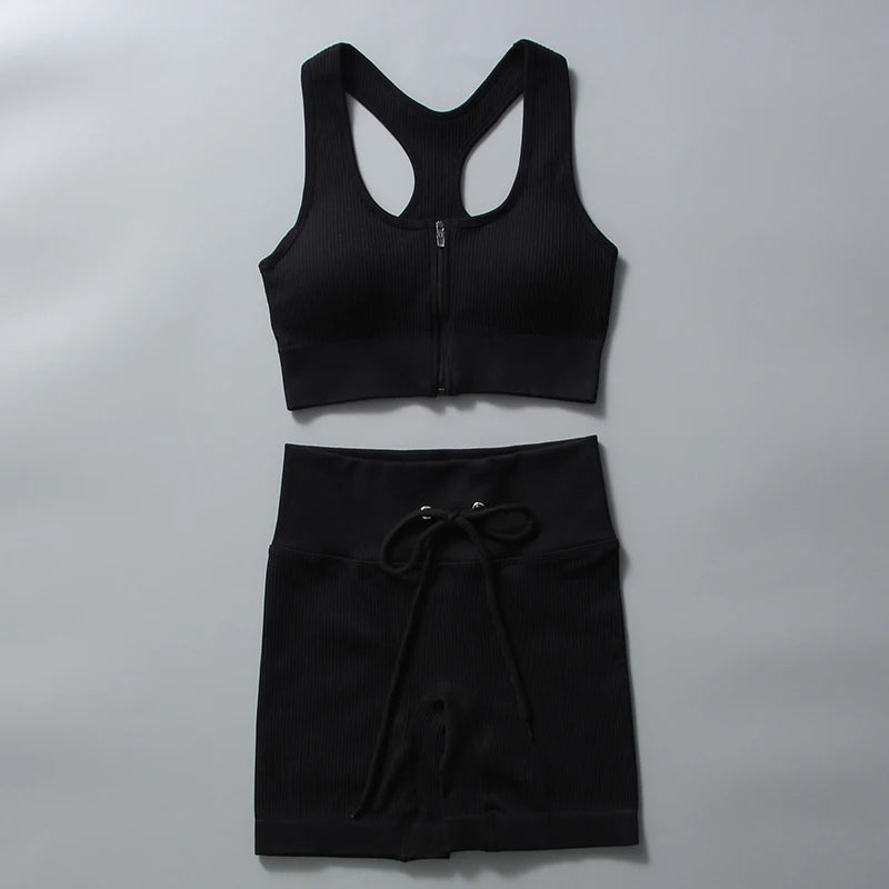 Seamless Yoga Set for Women Zipper Tank Top Drawstring Shorts
