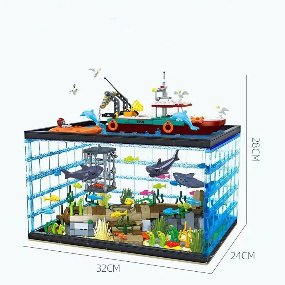 JJ9048 creative expert Marine life Aquarium rescue discovery MOC Building Block ligt Fish toy gifts shark Tank Christmas 1519pcs