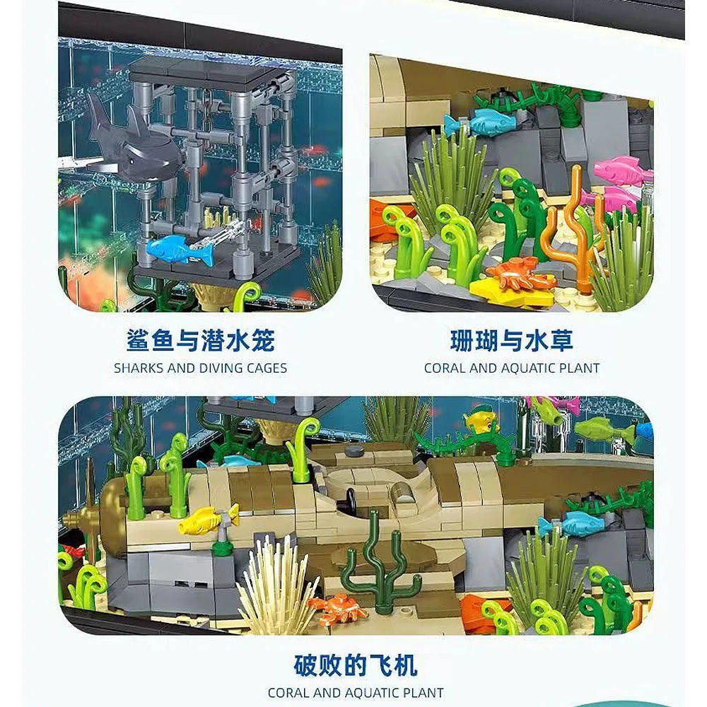 JJ9048 creative expert Marine life Aquarium rescue discovery MOC Building Block ligt Fish toy gifts shark Tank Christmas 1519pcs