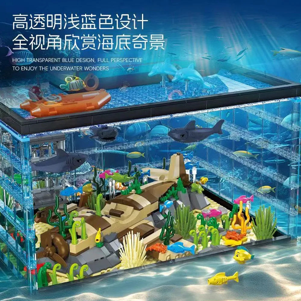 JJ9048 creative expert Marine life Aquarium rescue discovery MOC Building Block ligt Fish toy gifts shark Tank Christmas 1519pcs