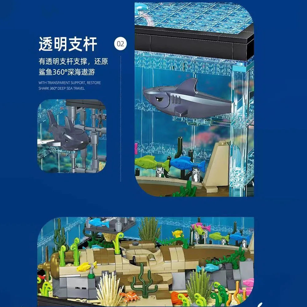 JJ9048 creative expert Marine life Aquarium rescue discovery MOC Building Block ligt Fish toy gifts shark Tank Christmas 1519pcs