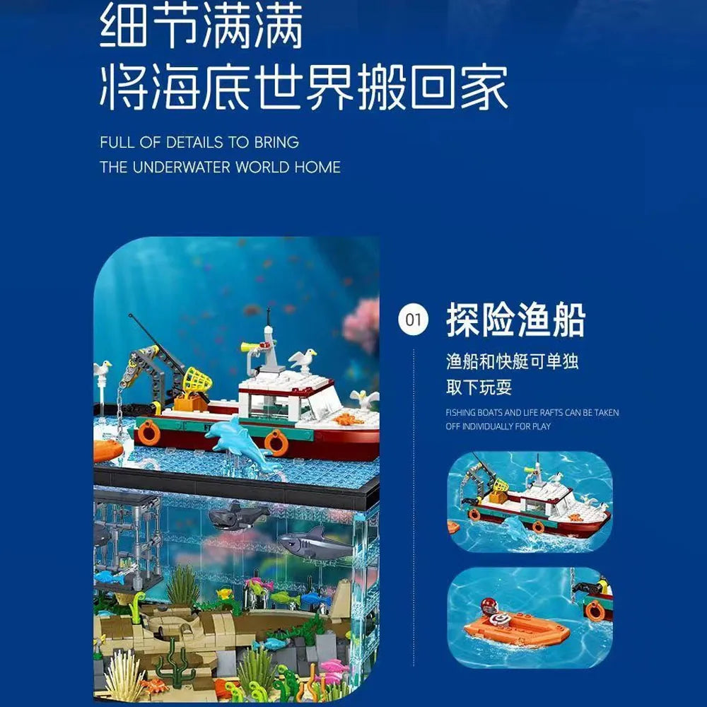 JJ9048 creative expert Marine life Aquarium rescue discovery MOC Building Block ligt Fish toy gifts shark Tank Christmas 1519pcs